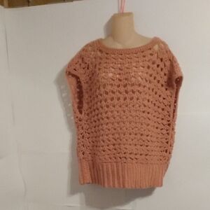 Hand Crochet Open Knit Short Sleeve Oversized Vintage Sweater Salmon Pink
